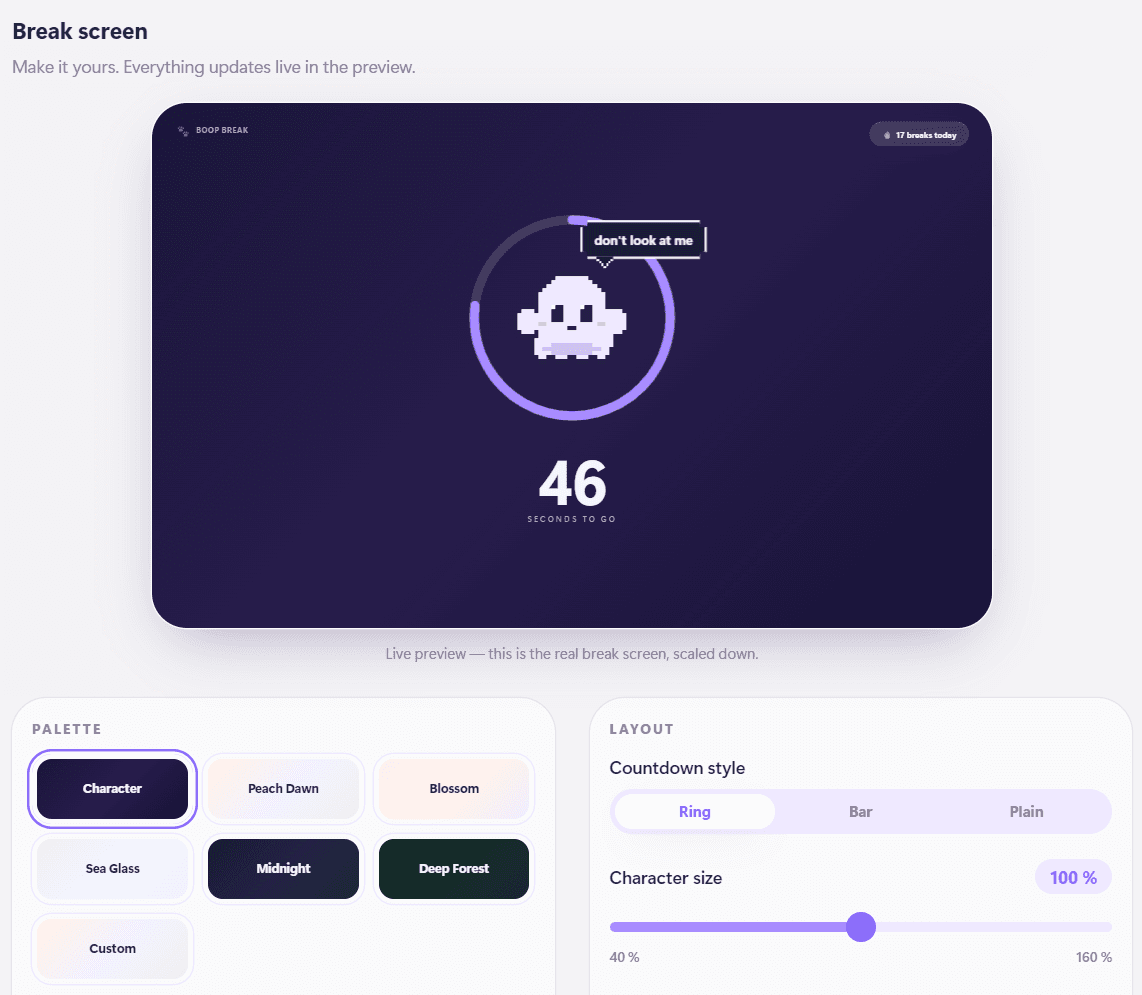 Settings: break screen designer with a live preview, palette presets and countdown layout controls.
