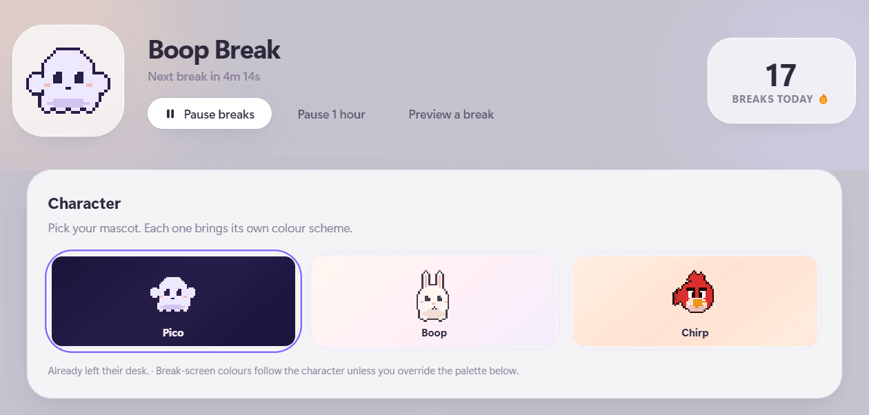 Settings: pick your mascot — Pico, Boop or Chirp — each with its own colour scheme.